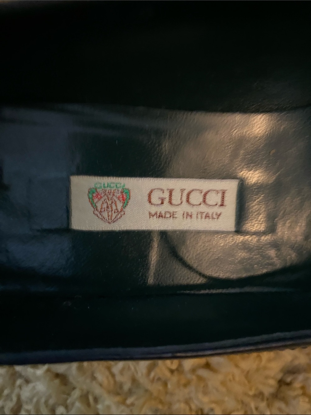 Gucci Navy Leather Pointed-Toe Flats with Gold GG - Picture 2 of 5